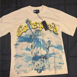 Godspeed Statue of Liberty Graphic Tee - Blue and Yellow Lettering